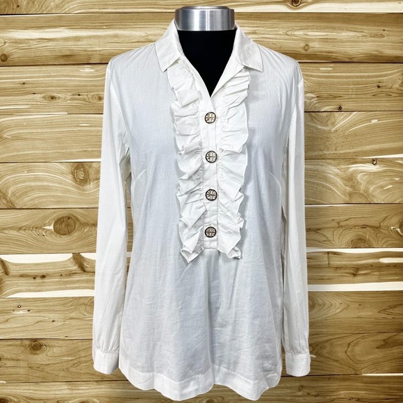 Tory Burch Ruffle Blouse Long Sleeve Button Down Top White Women's  Size 8 - Picture 1 of 6